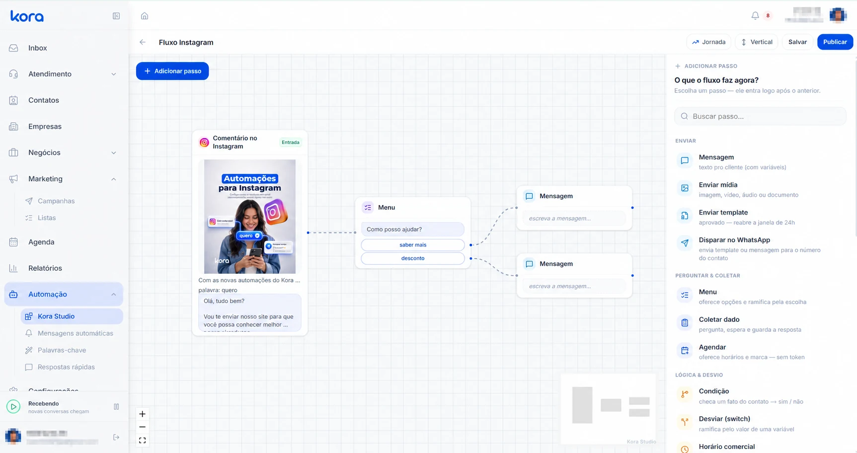 Fluxo visual de automação para comentários e mensagens no Instagram na Kora